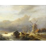 19thC Continental School. Dutch water scene with figures and barge, oil on panel, 34.5cm x 43.5cm.