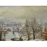 Mary Dudding (19thC/20thC). Snow bound Lincoln from uphill, oil on board, signed and titled verso,