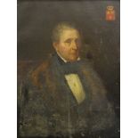 19thC School. Portrait of a seated gentleman with family crest comprising a crown over three petals