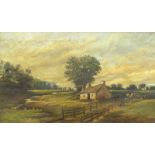 19thC British School. Rural landscape with cottage and figures, oil on canvas, indistinctly signed a