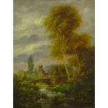 Roges (20thC). River landscape with a figure on a bridge, oil, signed, 29cm x 23cm.
