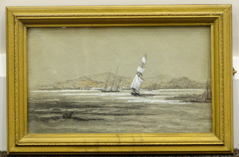 19thC British School. Masted ships off the coast, watercolour drawing with highlight, 12.5cm x 21cm, - Image 2 of 4