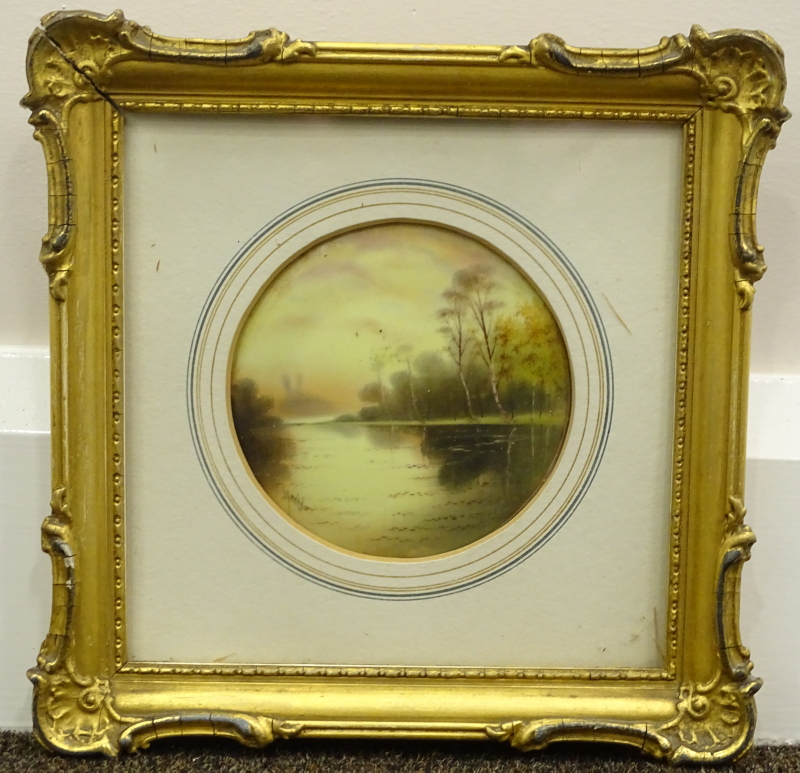 L.H. Evans (19thC/20thC). River landscape, oil on porcelain, signed, 10cm x 10cm. - Image 2 of 4