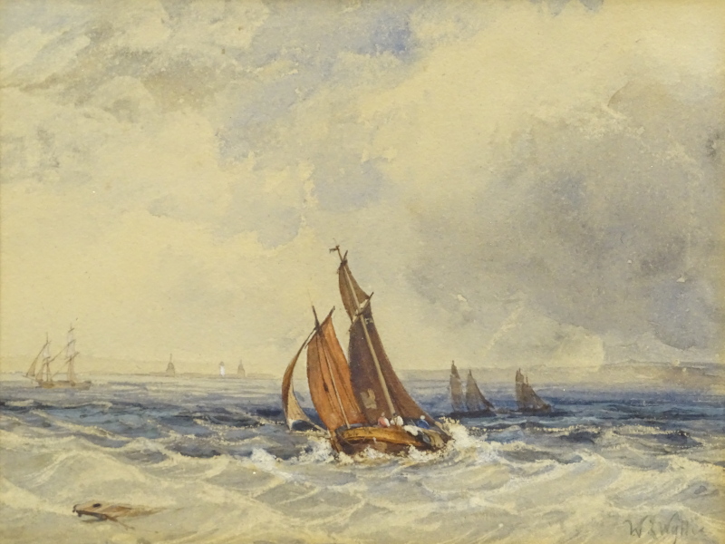 Style of William Lionel Wyllie (1851-1931). Fishing boats off coast, watercolour, bears