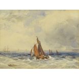 Style of William Lionel Wyllie (1851-1931). Fishing boats off coast, watercolour, bears