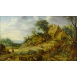 18thC/19thC Continental School. Rural landscape with figures, animals and watermill, oil on canvas,