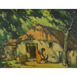 G.D. Paulraj (1914-1989). Washer women outside tribal dwelling, oil on canvas, signed, 51cm x 65cm.