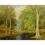 David Mead (1906-1986). River woodland, oil on board, signed, 59cm x 74.5cm