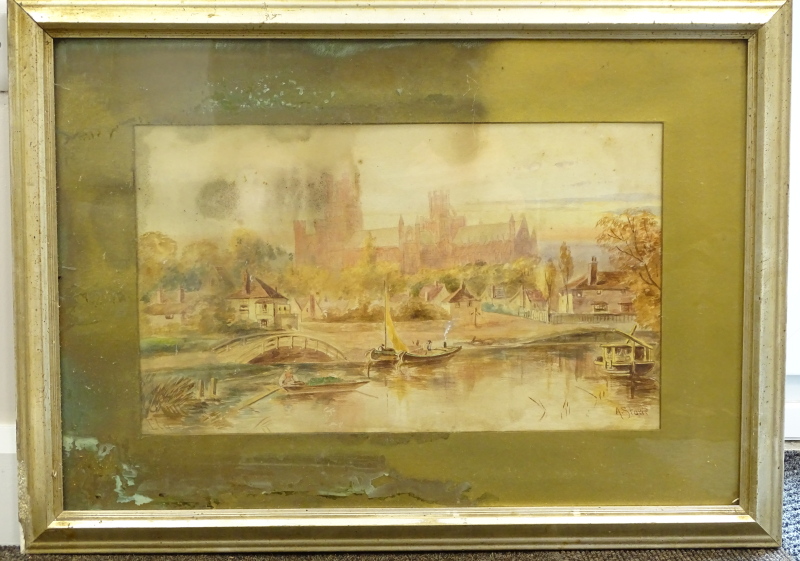 A. Storie (19thC/20thC). River landscape with cathedral in the distance, watercolour, signed, 29cm x - Image 2 of 4