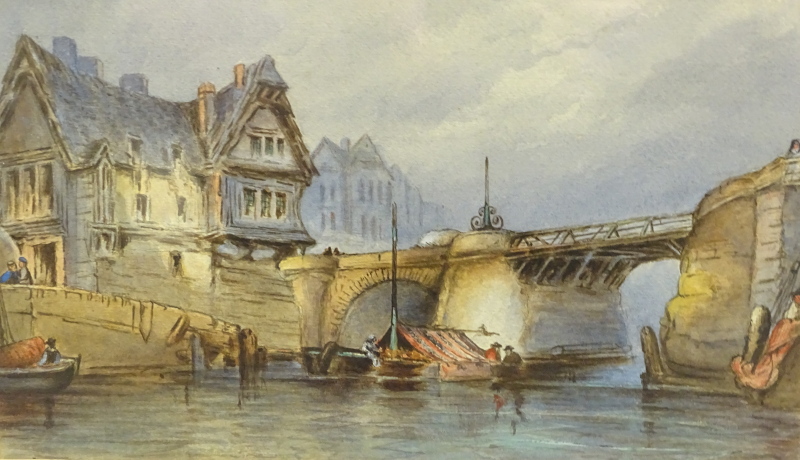 Paul Marny (1829-1914). Continental town and river scene, watercolour, titled verso, 20.5cm x 34cm.