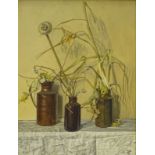 Michael C. J. Hall (20thC). Stone jars with dead flowers, oil on board, initialled, dated (19)76, an