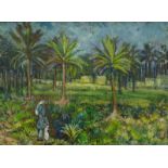 20thC School. Figures in palm tree garden, oil on canvas, 62.5cm x 85cm.
