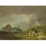 19thC School. Landscape with figures, horse and cart, watercolour, 14cm x 19cm.