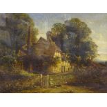 Early 19thC School. Woodland cottage scene with figures, oil on canvas 50cm x 65cm