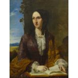 19thC School. Half length portrait of a maiden reading a book, oil on canvas, 91cm x 71cm, and a por
