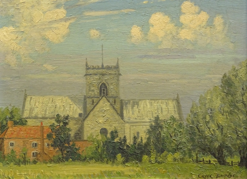 Clive Richard Browne (1901-1991). Church landscape, oil on board, signed, 19.5cm x 25cm.