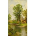 Henry Ryland (1856-1924). Country river scene with church, oil on board, signed, 45cm x 25cm.