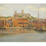 Alfred Ernest White (1873-1953). Lincoln Cathedral from The Brayford, oil on board, signed and dated