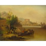 19thC Continental School. River scene with figures and barge, oil on canvas, 33cm x 43cm.