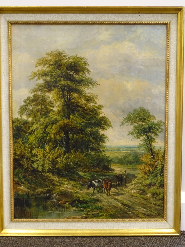 H.W. Reed (19thC). Driving cattle in country landscape, oil on board, signed, 54.5cm x 42.5cm. - Image 2 of 4