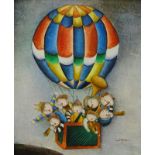 Joyce Roybal (b.1955). Balloon musician, oil on canvas, signed, 63.5cm x 52.5cm, and another. (2)