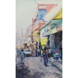 Kim Simmens (?)(20thC). Indian street scene, oil on board, signed and dated (20)01, 87.5cm x 52cm.