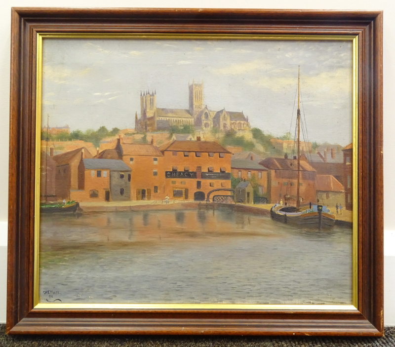 Alfred Ernest White (1873-1953). Lincoln Cathedral from The Brayford, oil on board, signed and dated - Image 2 of 4