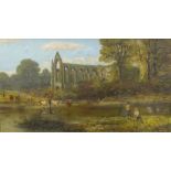 19thC British School. River landscape with ruin Abbey with cattle watering and figures fishing, oil,