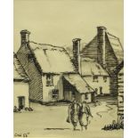 C.H. (20thC). Figures on village street, drawing, initialled and dated (19)55, and four framed print