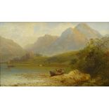 19thC Continental School. Mountain river scene with figures by a rowing boat, oil on panel, indistin