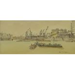 Hugh McKenzie (1909-2005). Docks, watercolour, signed, 16cm x 34.5cm.