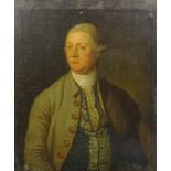 18thC British School. Half length portrait of a gentleman wearing gold braid waistcoat and white nec