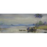 F.B.Y. (20thC). African river scene, watercolour, initialled, label verso, 10.5cm x 25cm.