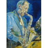 C Frederiksson (20thC). The Saxaphone player, oil on board, signed, 73.5cm x 54cm.
