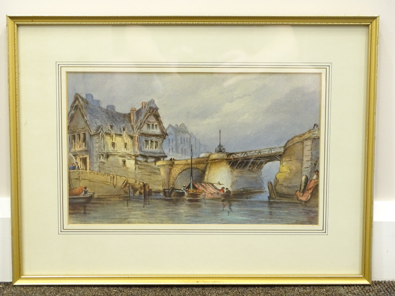 Paul Marny (1829-1914). Continental town and river scene, watercolour, titled verso, 20.5cm x 34cm. - Image 2 of 3