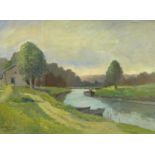Charles J. Mcauley (1910-1999). River landscape with barges, oil, signed, 34.5cm x 49.5cm.