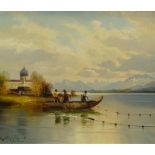 •Helmut Stadelhofer (1914-1979). Bavarian lake, oil on canvas, signed, 49cm x 58.5cm.