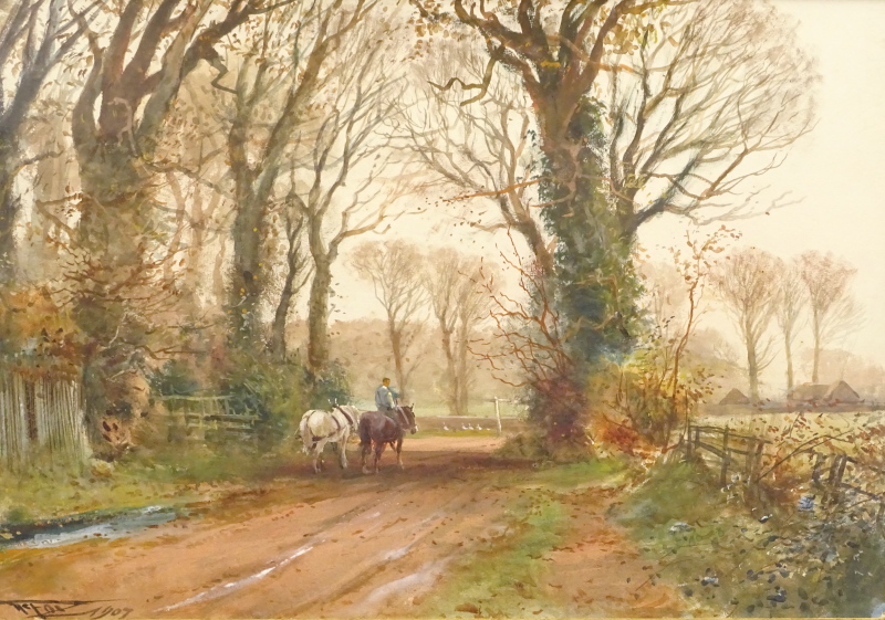 Henry Charles Fox (1855/60-1929). Country lane with horses, watercolour, signed and dated 1907, 38.5