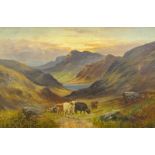 Charles W. Oswald (19thC/20thC). Highland cattle in mountain landscape, oil on canvas, signed, 47.5c