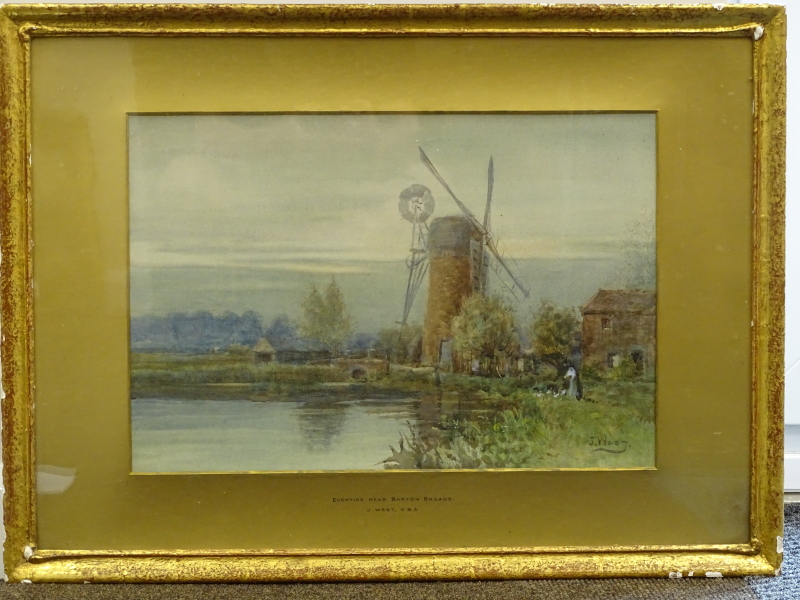 J. West (19thC). Eventide near Burton Broads, watercolour, signed and titled, 36cm x 53cm. - Image 2 of 4