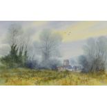 Trevor Parkin (B.1935). Winter church, watercolour, signed and titled verso, 25cm x 40.5cm. Label ve