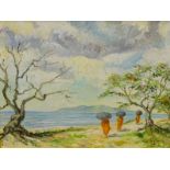 A.J. Riks (20thC). Monks on beach with dead tree, oil on board, signed, titled verso and dated July