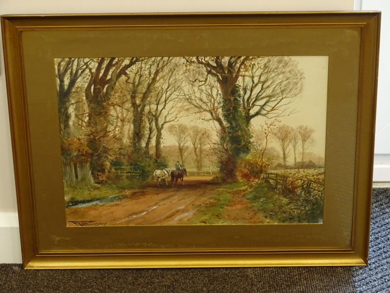 Henry Charles Fox (1855/60-1929). Country lane with horses, watercolour, signed and dated 1907, 38.5 - Image 2 of 4