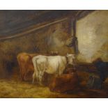 J. Barker (19thC). Cattle in stable, oil on canvas, signed, 62cm x 74.5cm.