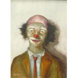 20thC School. Clown, oil on canvas, signed and titled verso, 39cm x 29cm.