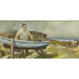 20thC British School. Coastal scene with figure and fishing boats, oil on canvas, 28.5cm x 58.5cm.