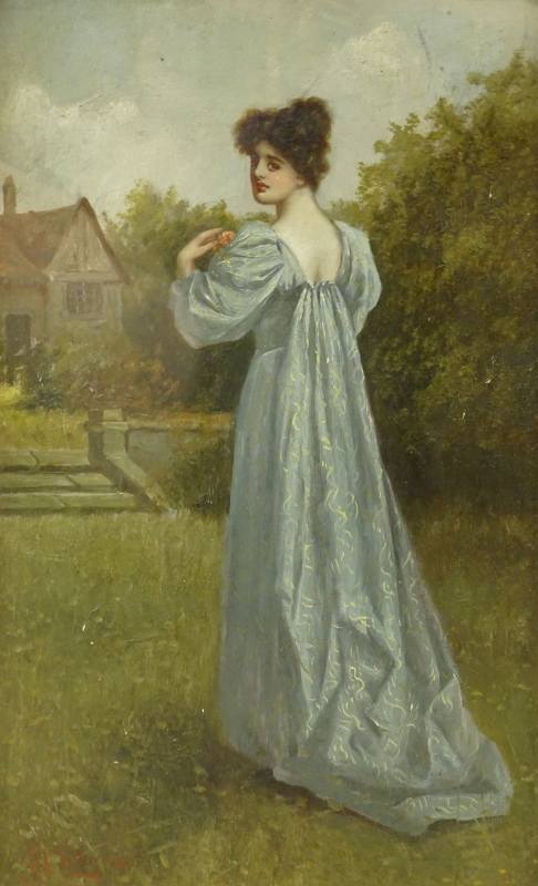 John McColvin (act.1880-1910). Maiden in blue dress, oil, signed, 37cm x 22cm.