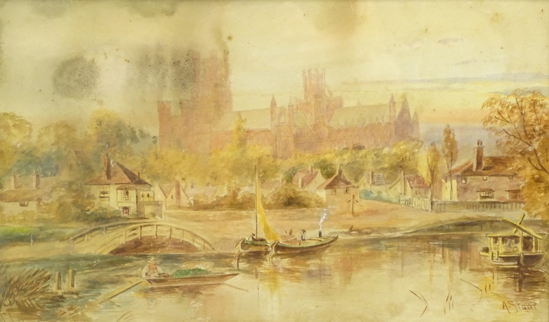 A. Storie (19thC/20thC). River landscape with cathedral in the distance, watercolour, signed, 29cm x