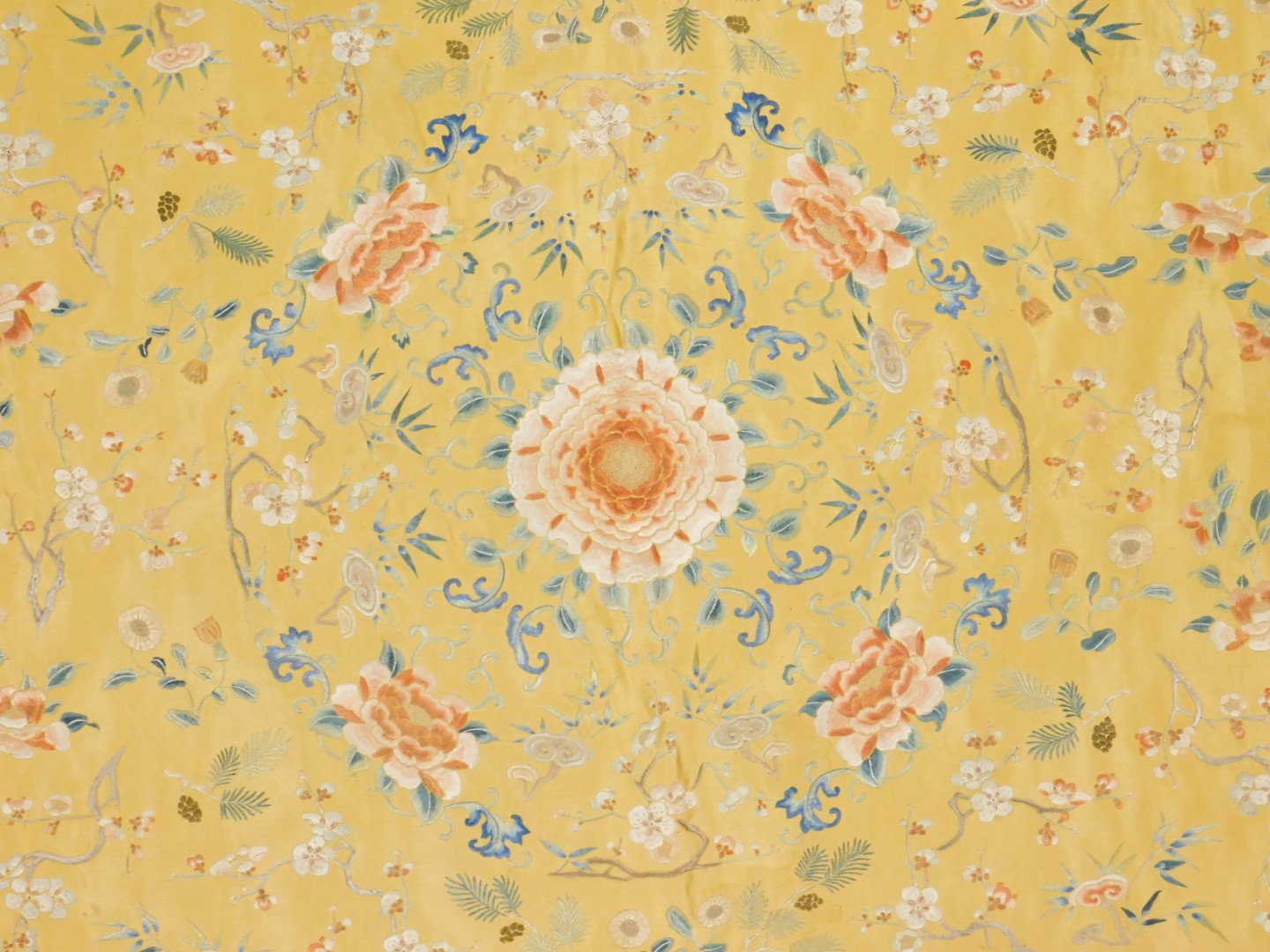 A Chinese Imperial yellow ground rectangular silk throne seat cover, finely embroidered in blue, - Image 3 of 9