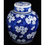 A large Chinese porcelain blue and white jar and cover, decorated with cracked ice hawthorn